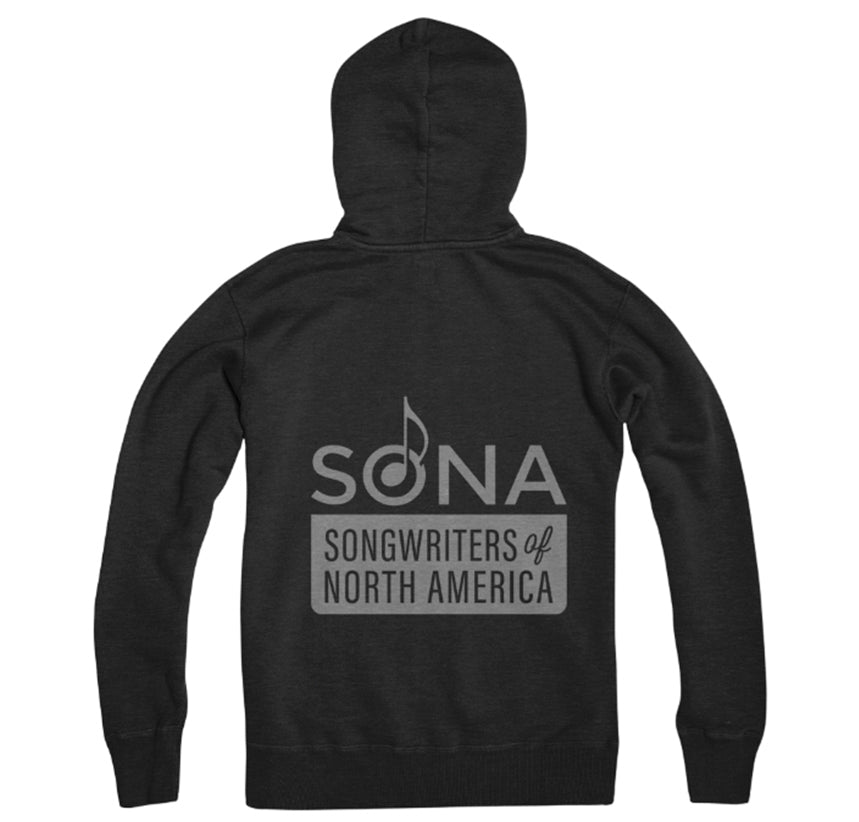 Black hoodie with the text on the back that says "SONA Songwriters of America"