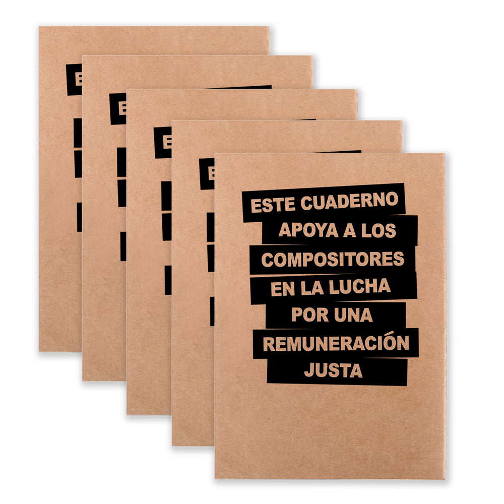 5 beige notebooks that says "Este Cuaderno Apoya A Los Compistores En La Lucha Por Una Remuneracion Justa" on the front
