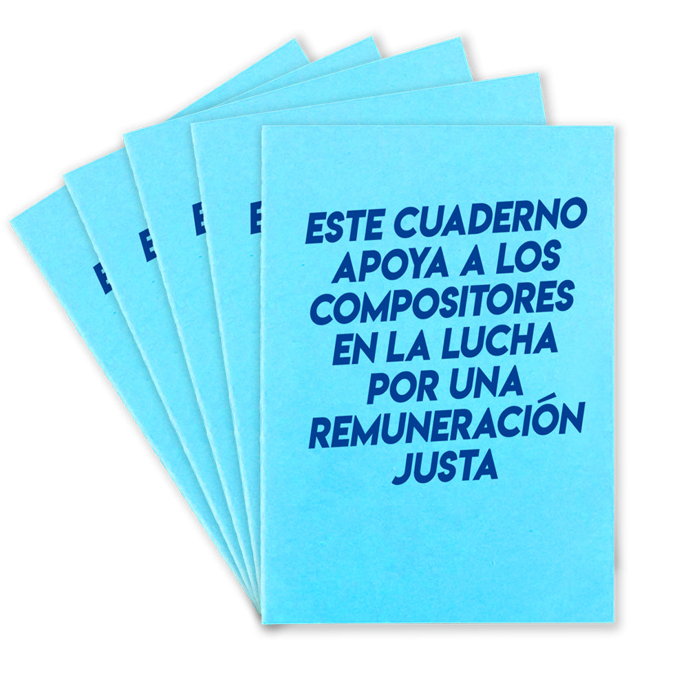 Five light blue notebooks that says "Este Cuaderno Apoya A Los Compistores En La Lucha Por Una Remuneracion Justa" on the front