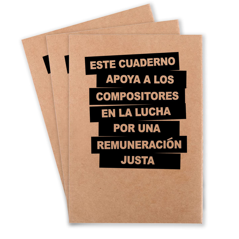 3 beige notebooks that says "Este Cuaderno Apoya A Los Compistores En La Lucha Por Una Remuneracion Justa" on the front