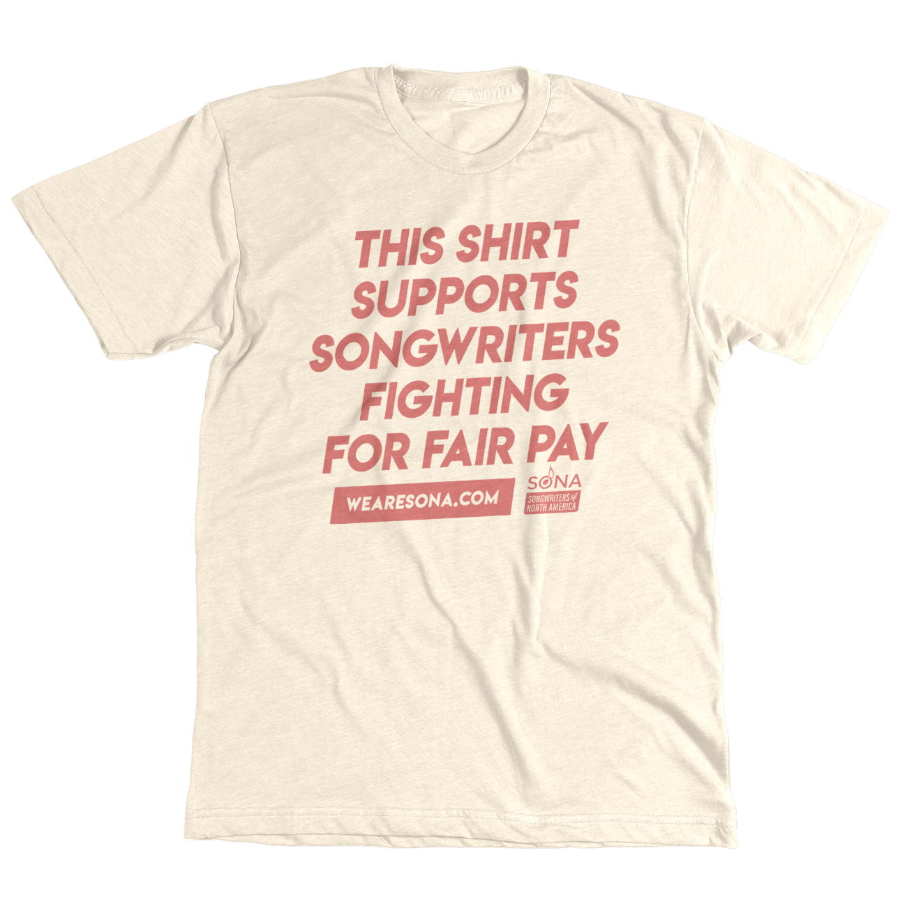 An off-white tshirt that has pink text that says "This shirt supports songwriters fighting for fair pay"