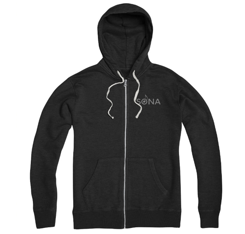 Black zip-up hoodie that says SONA on the left breast