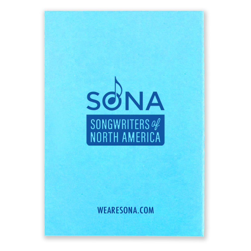 A light blue notebook that says SONA Songwriters of North America in dark blue text