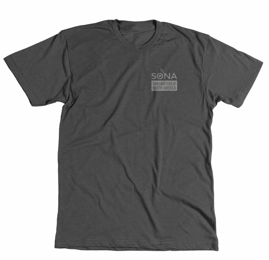 A charcoal t-shirt that says SONA Songwriters of North America in small letters over the left breast