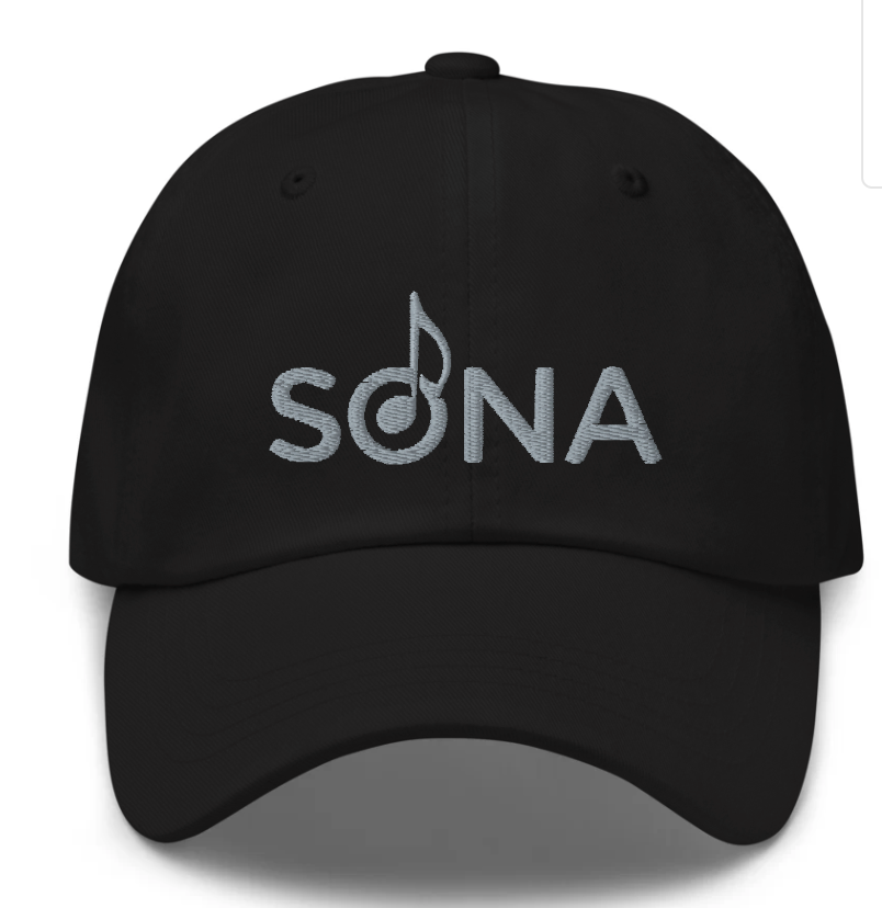 A black hat that says SONA in grey letters