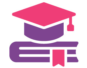 Icon of a purple book with a purple graduation cap on it