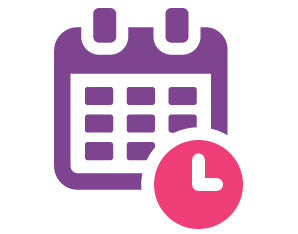 Icon of a purple calendar with a pink clock in bottom right corner