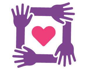 Icon of four purple arms forming a square surrounding a pink heart