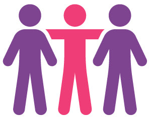 Icon of three people, 2 purple with a pink person in the middle