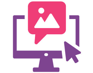 Icon of a purple computer with a pink chat 